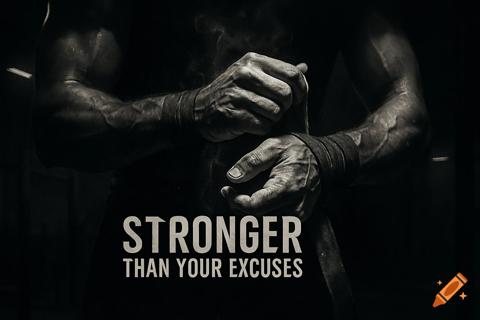 Close-up, black and white photo of a person's muscular hands tying wrist wraps, with chalk dust rising. Text reads: Stronger than your excuses.