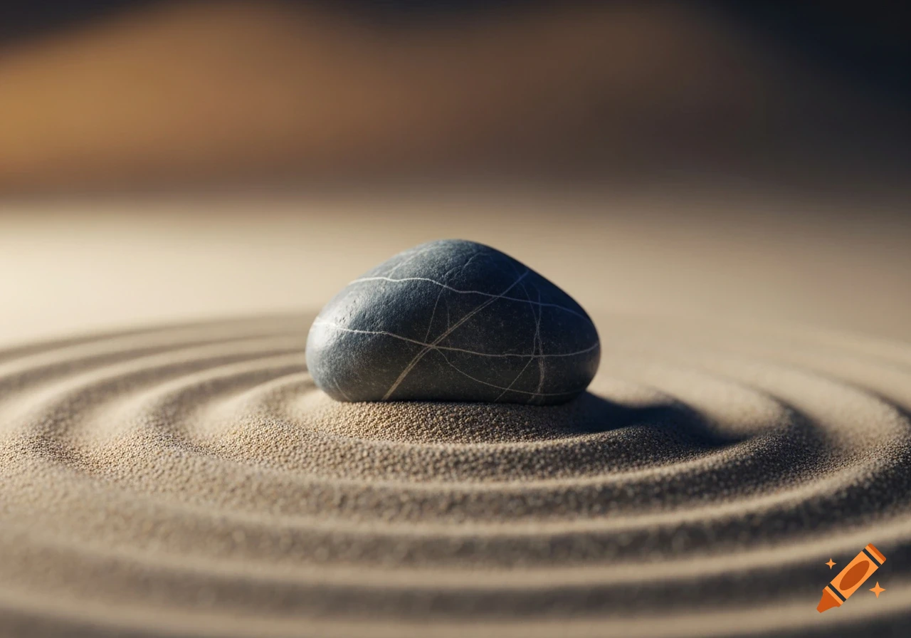 A smooth, dark gray stone with thin white veins sits centered in finely raked sand with concentric circles, under soft light.