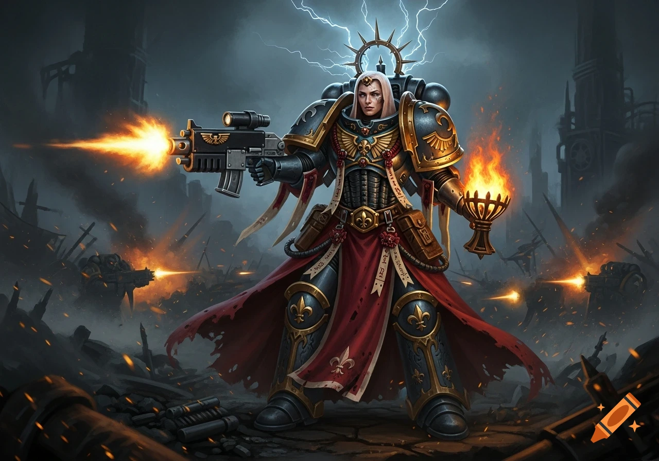 A female Warhammer 40k warrior in ornate power armor fires a gun and holds a flaming torch amidst a stormy, war-torn battlefield.