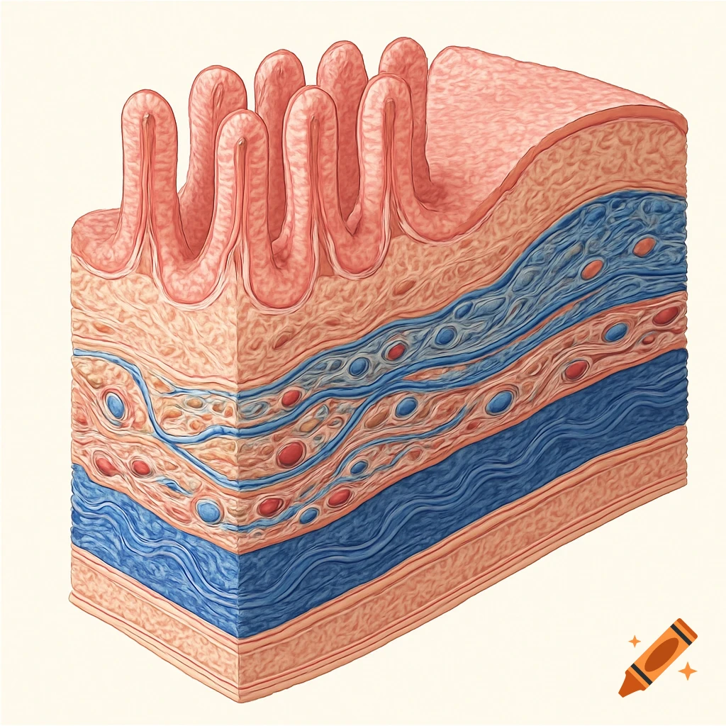 A detailed cross-section illustration of the duodenum, showing multiple tissue layers and villi-like structures.