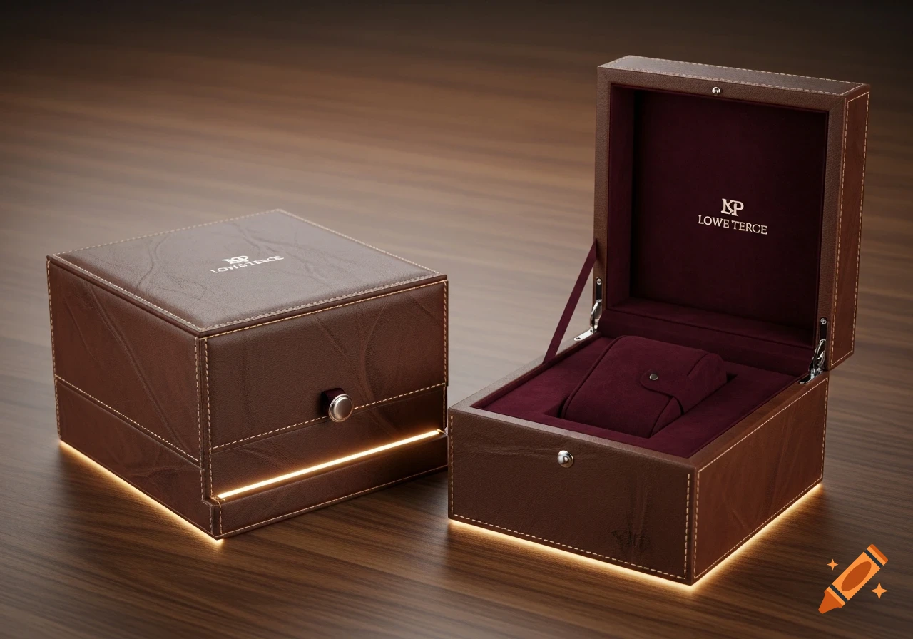 Two brown leather watch boxes, one open to show a red velvet interior, both with glowing undersides, on a wooden surface.