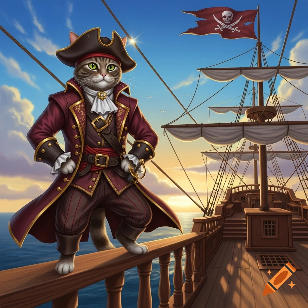 A tabby cat dressed as a pirate, standing on the railing of a wooden pirate ship with a skull and crossbones flag, against a sunset sky.