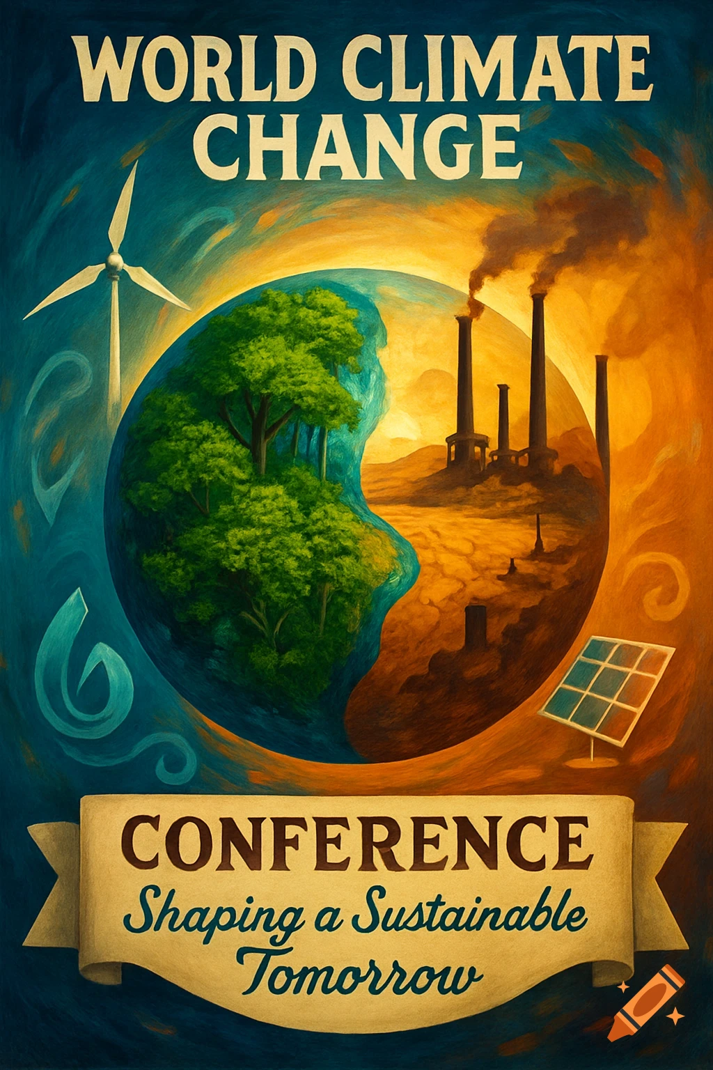 A climate change poster shows a globe split into green nature with a wind turbine and industrial pollution, with 'WORLD CLIMATE CHANGE CONFERENCE Shaping a Sustainable Tomorrow' text.