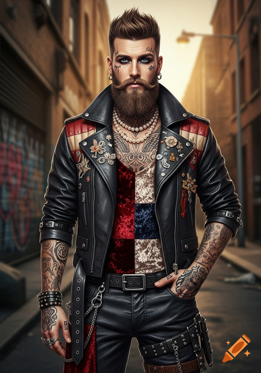 A heavily tattooed, bearded man in a studded leather jacket and pearl necklace stands in an urban alley.