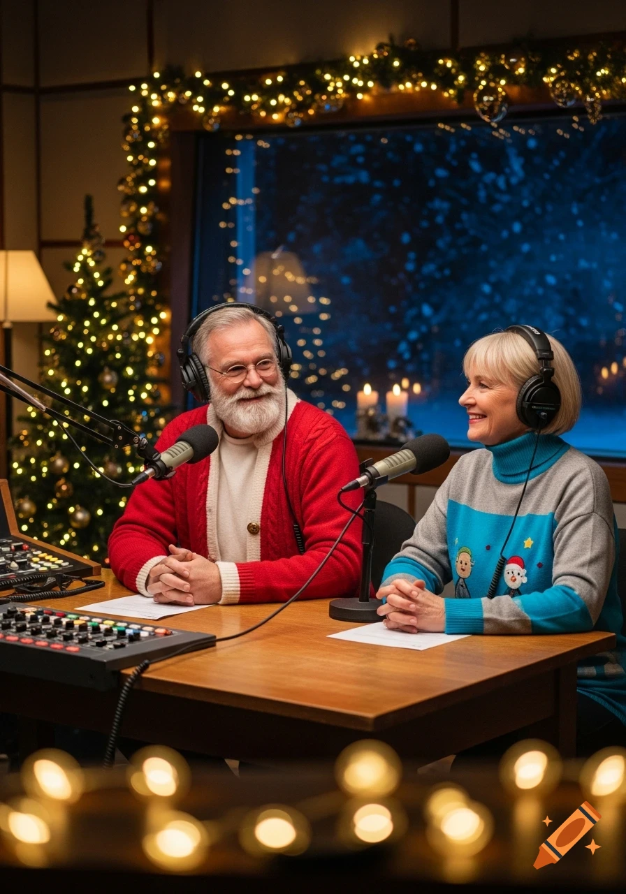 Santa Claus and a woman in a festive Christmas radio studio, wearing headphones and speaking into microphones.