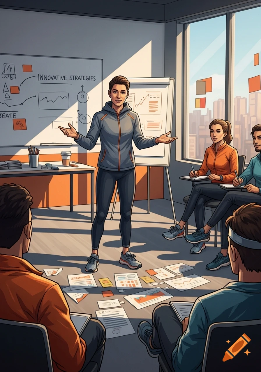 An illustration of a person in athletic wear facilitating a workshop with attendees, a whiteboard with "INNOVATIVE STRATEGIES", and papers on the floor.
