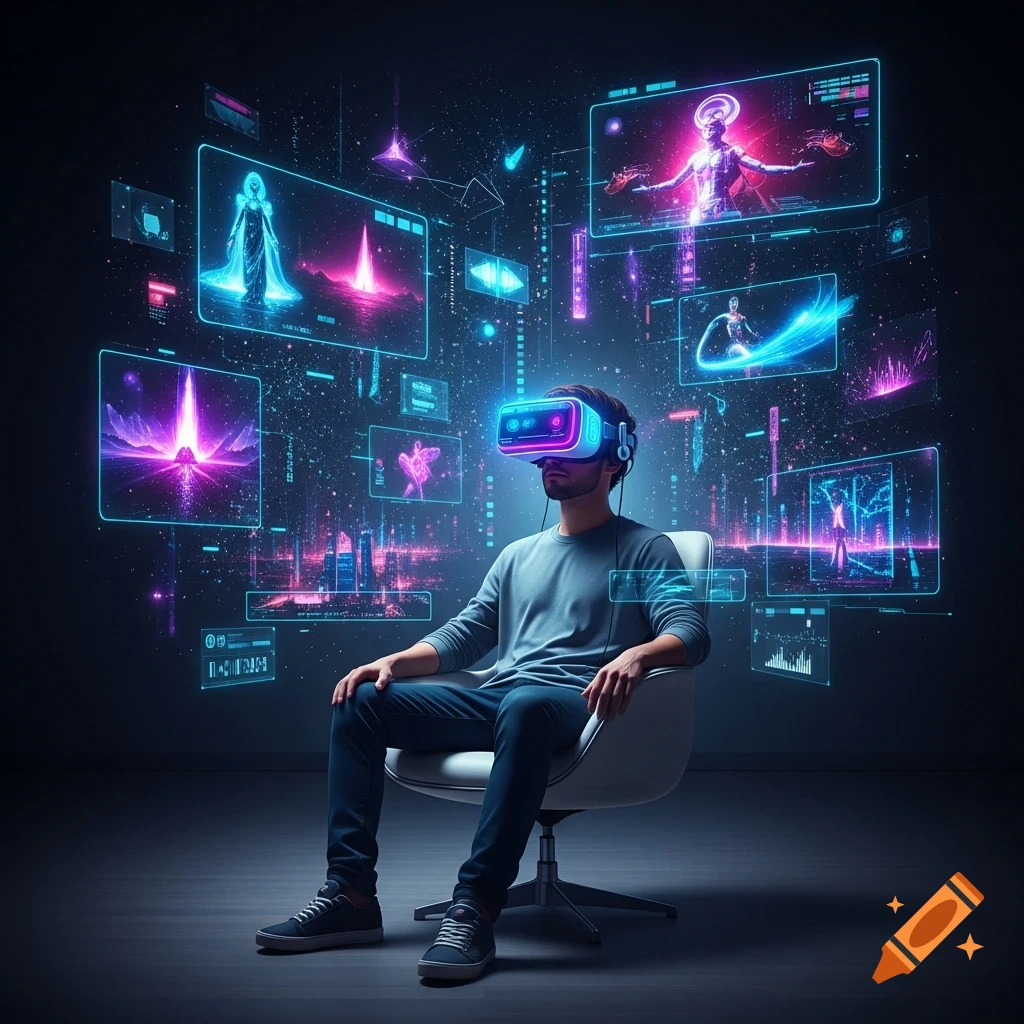 Man in VR headset sits in a dark room surrounded by glowing blue and purple holographic screens and data streams in a sci-fi digital art style.