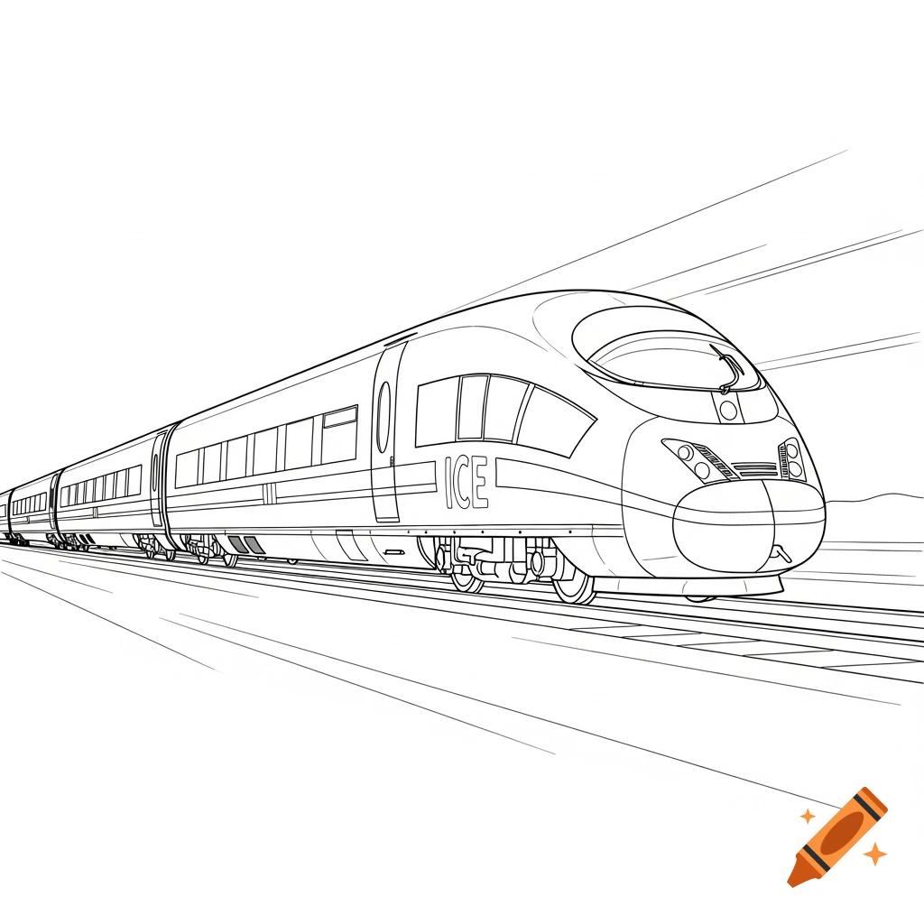 A black and white coloring page outline of a high-speed train, similar to an ICE train, moving on tracks with speed lines.