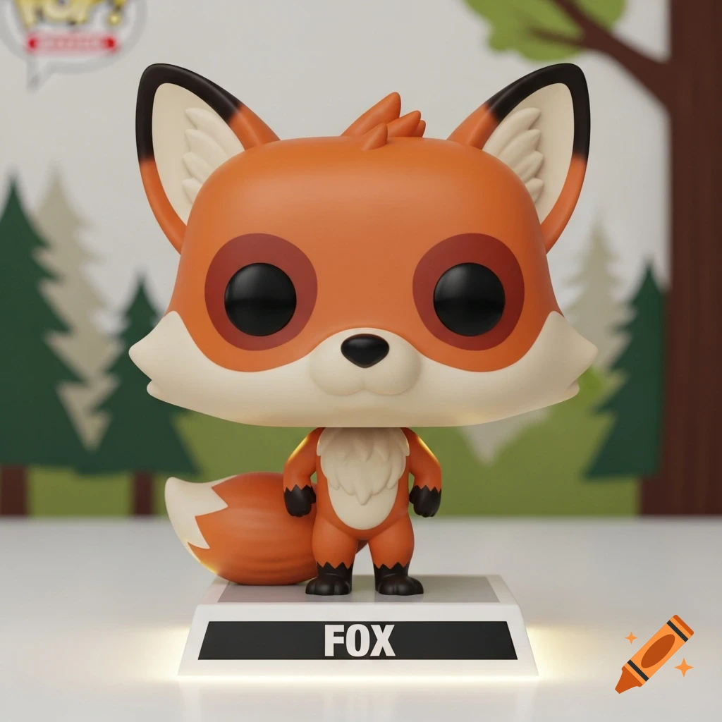 A stylized Funko Pop figure of an orange fox with big black eyes stands on a white lighted base with 'FOX' written on it, against a background of green trees and a brown tree trunk.