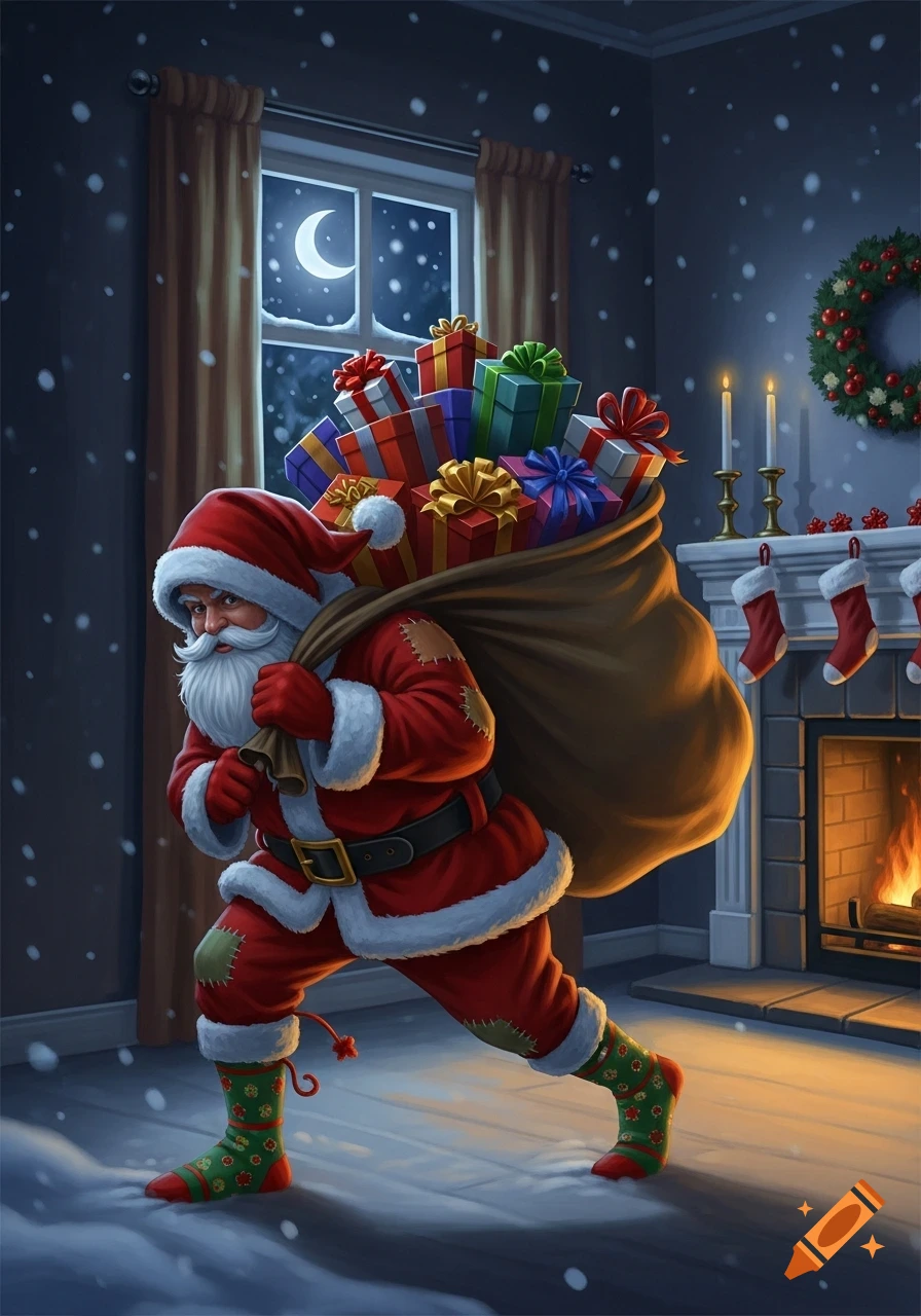 Santa Claus sneaks into a cozy, decorated house on a snowy Christmas night, carrying a large sack of presents.