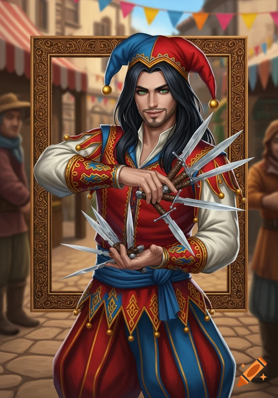 A dark-haired jester in red and blue medieval clothes holds throwing knives, framed in a bustling marketplace. Digital art.