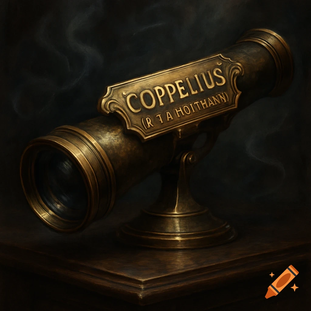 An antique brass telescope with a nameplate reading 'Coppelius' on a dark wooden surface, against a smoky background.