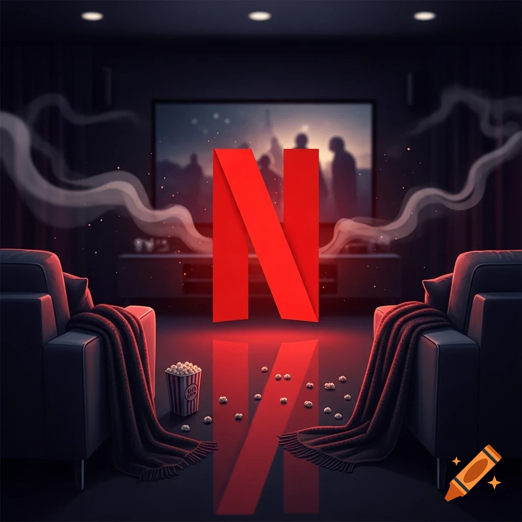 Large red Netflix 'N' logo on a reflective floor in a dark living room with armchairs, popcorn, and a blurred TV screen.