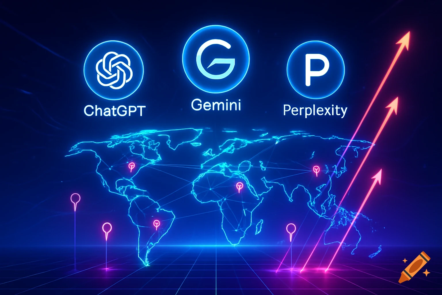 Futuristic digital map showing global reach of ChatGPT, Gemini, and Perplexity AI tools with glowing icons and rising data signals.