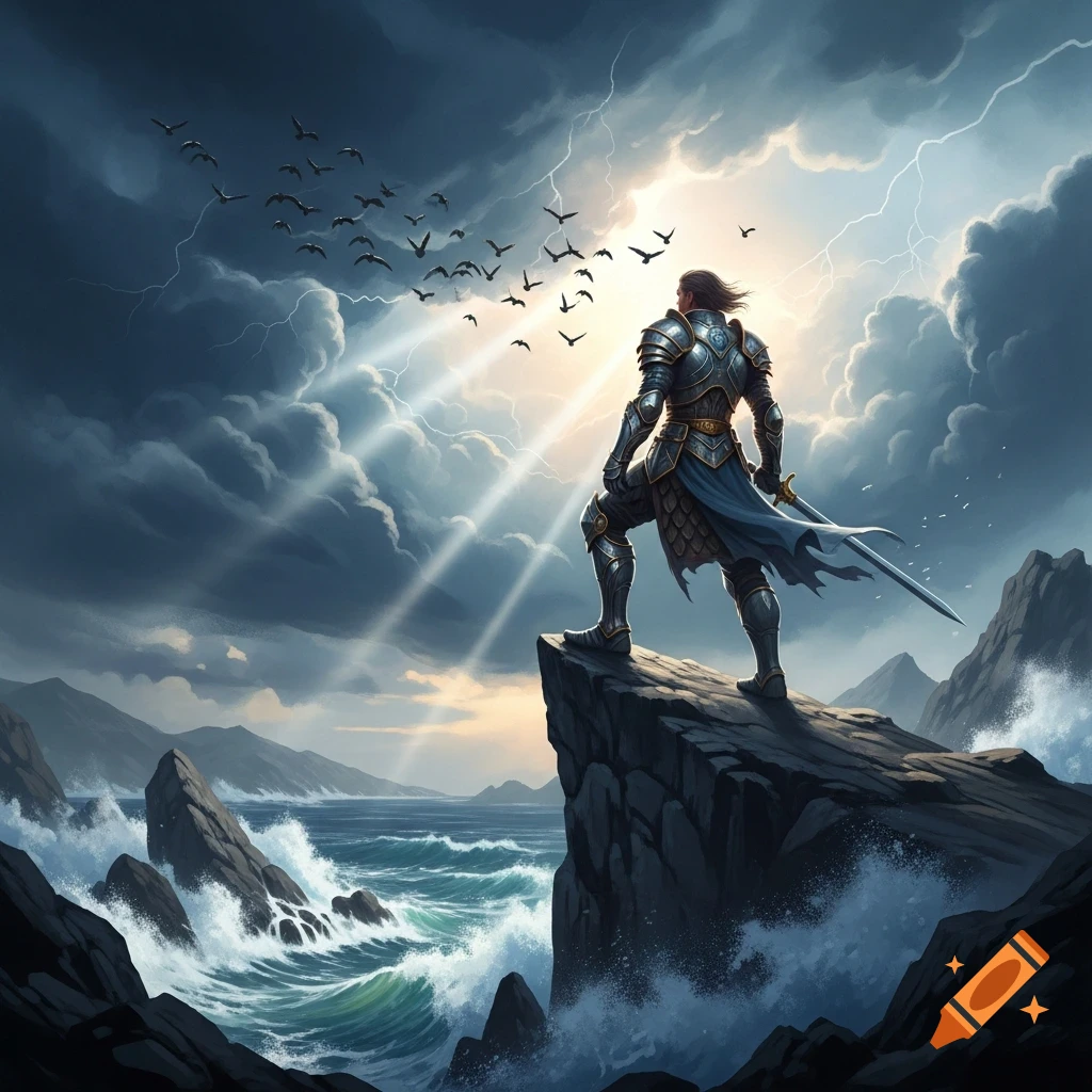 A knight in armor stands on a cliff overlooking a stormy sea, with lightning, dramatic clouds, and birds flying overhead in a digital art style.