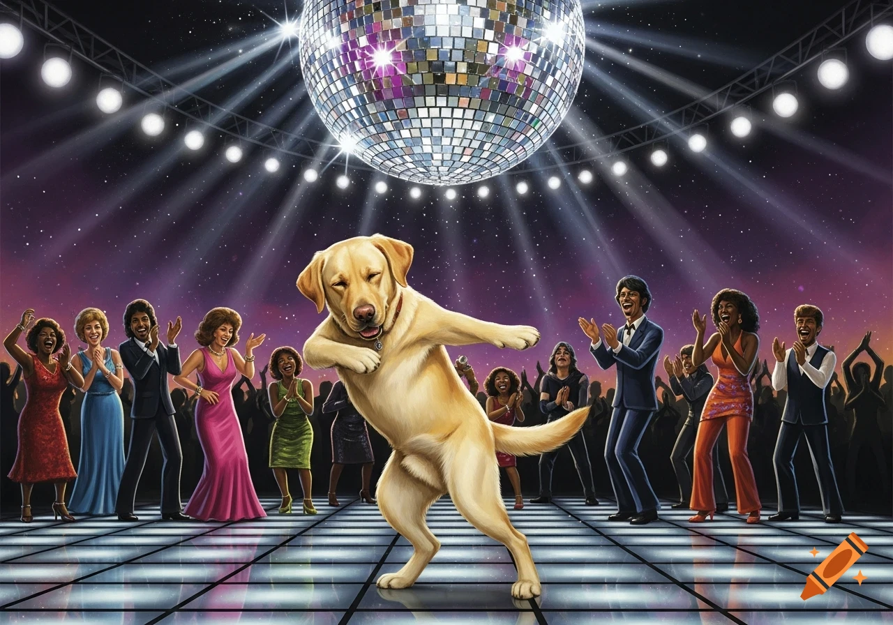 An illustration of a yellow labrador dancing on a light-up disco floor under a disco ball, surrounded by cheering people.