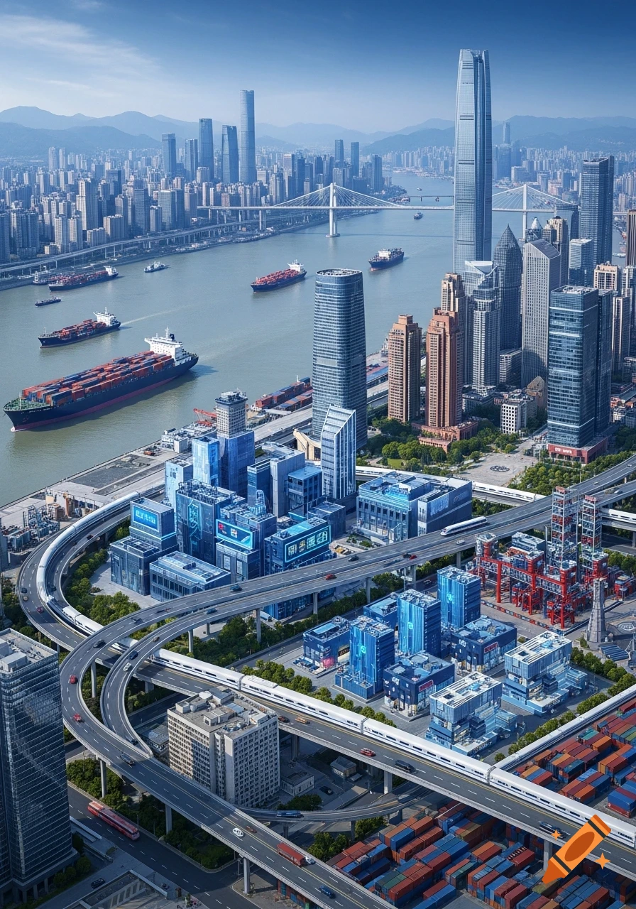 Aerial view of a bustling modern city with skyscrapers, a wide river with cargo ships, complex highway interchanges, and industrial areas under a clear sky.