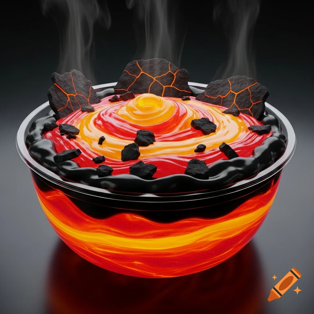 A transparent bowl features layers of swirling orange and red lava-like slime, topped with black rock pieces and steam, against a dark background.