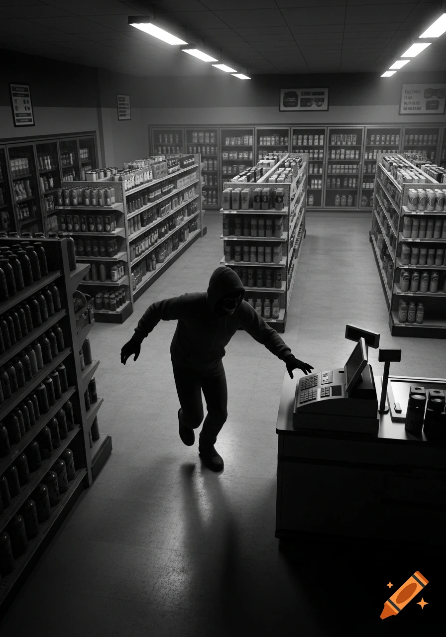 Monochrome security camera footage shows a masked person robbing a supermarket, leaning over a cash register.