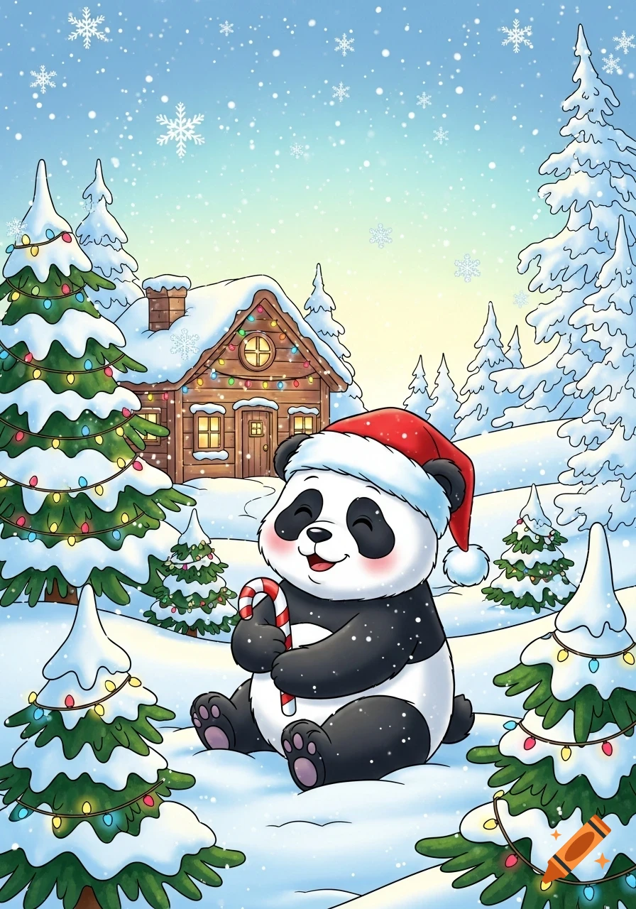 Cute cartoon panda in a Santa hat, holding a candy cane, sitting in a snowy landscape with a cabin and decorated Christmas trees.