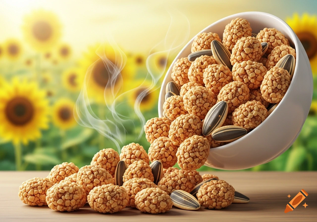 Crunchy sunflower seed snacks spill from a white bowl onto a wooden table, with a sun-drenched sunflower field in the background.