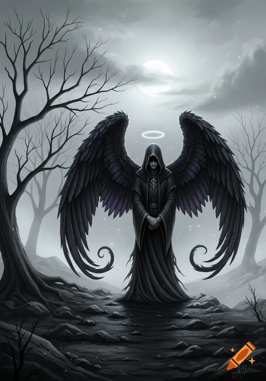 A hooded dark angel with large black wings and a glowing halo stands in a bare, moonlit forest, in a somber, illustrative style.