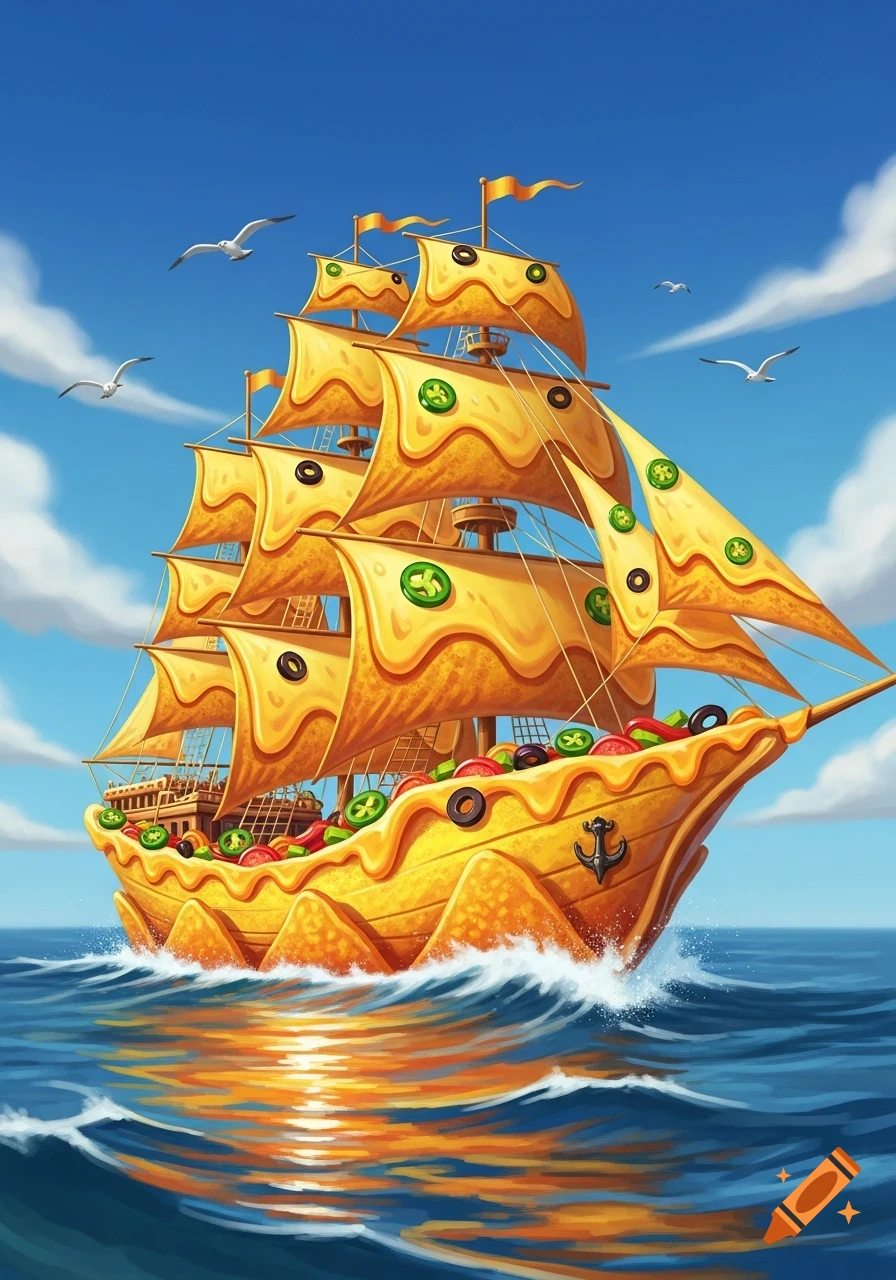 Vibrant cartoon ship made of nachos with toppings sailing on a blue ocean under a sunny sky.