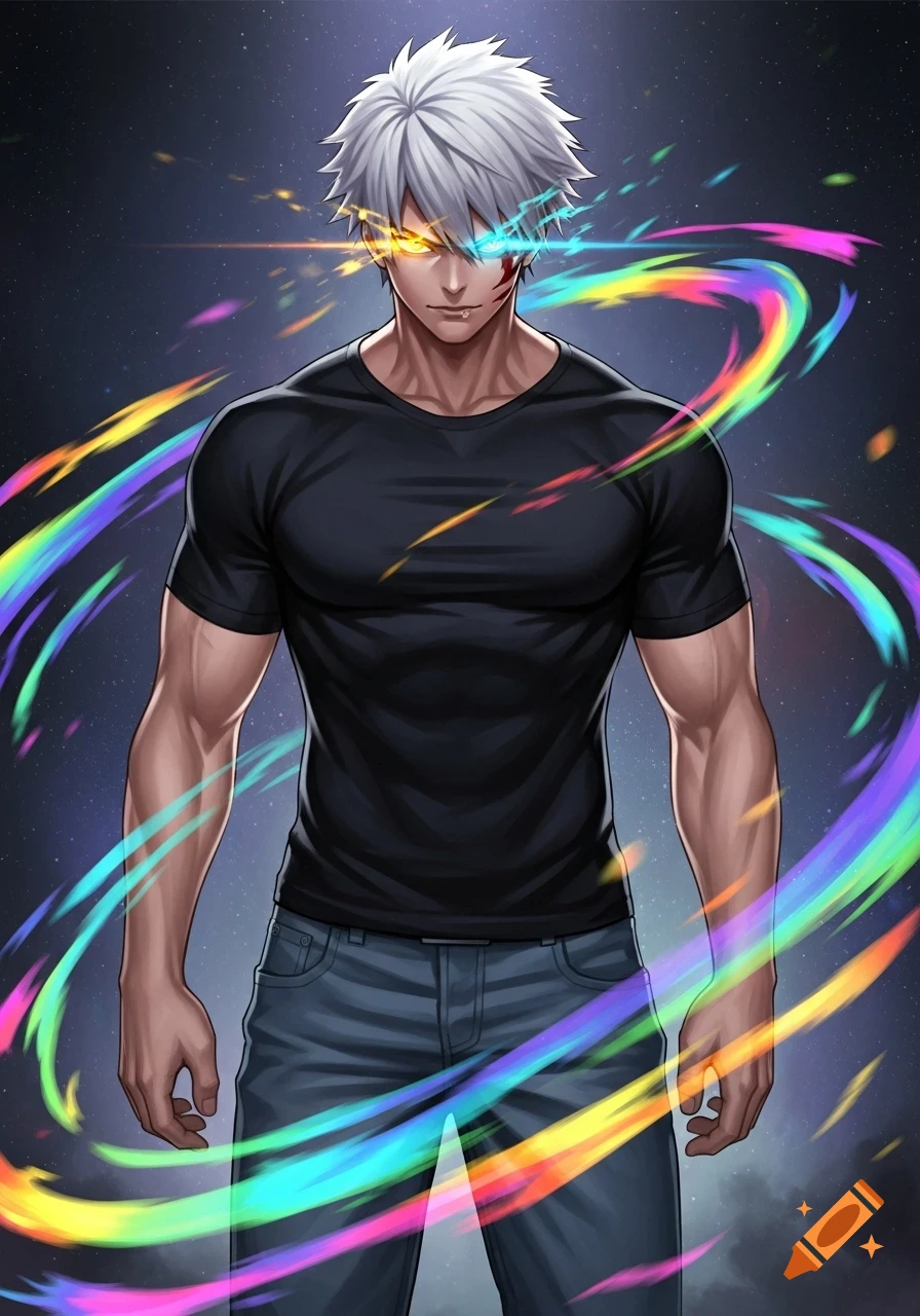 Anime-style male character with white hair, heterochromatic glowing eyes, and rainbow energy swirling around him.