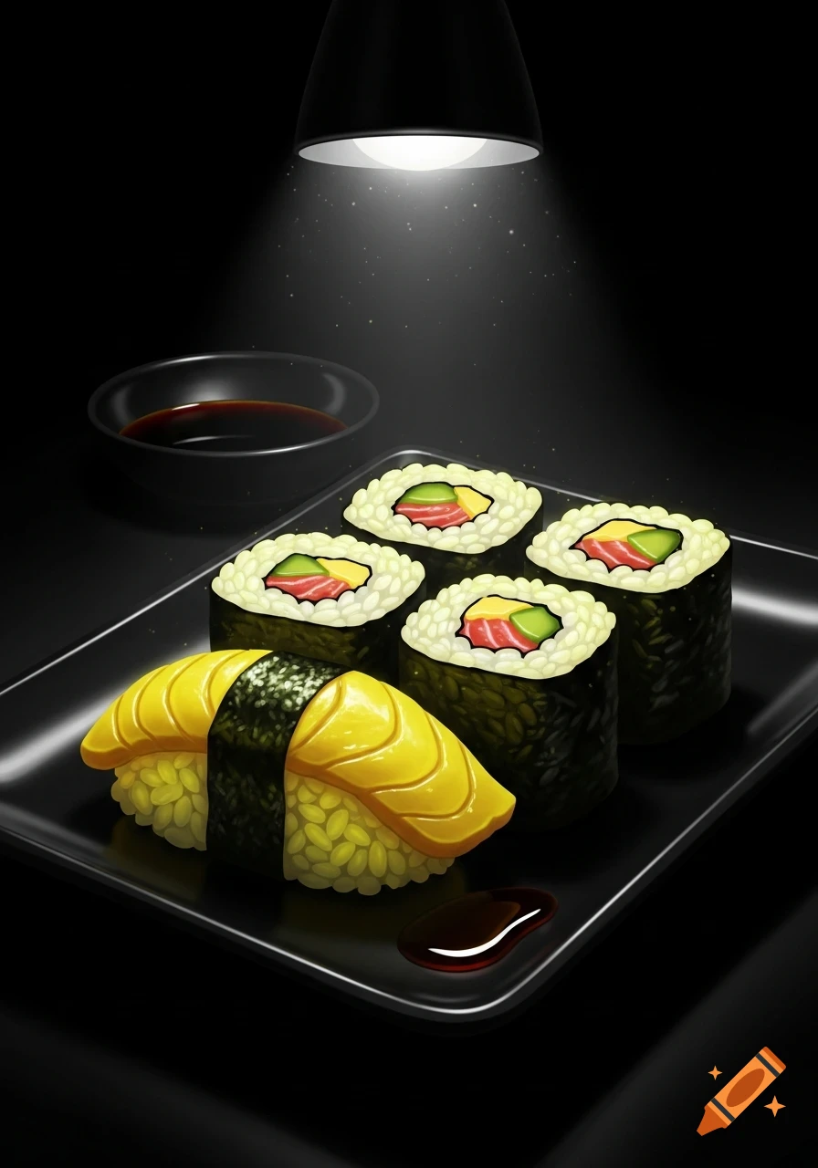 A stylized illustration of a black plate of various sushi pieces, including yellow nigiri and maki rolls, with soy sauce under a spotlight.