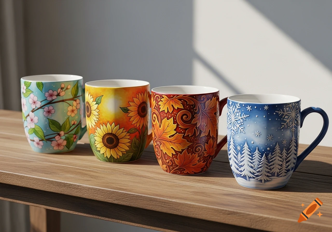 Four photorealistic mugs, each with a seasonal design: spring blossoms, summer sunflowers, autumn leaves, and winter snow, on a wooden table.