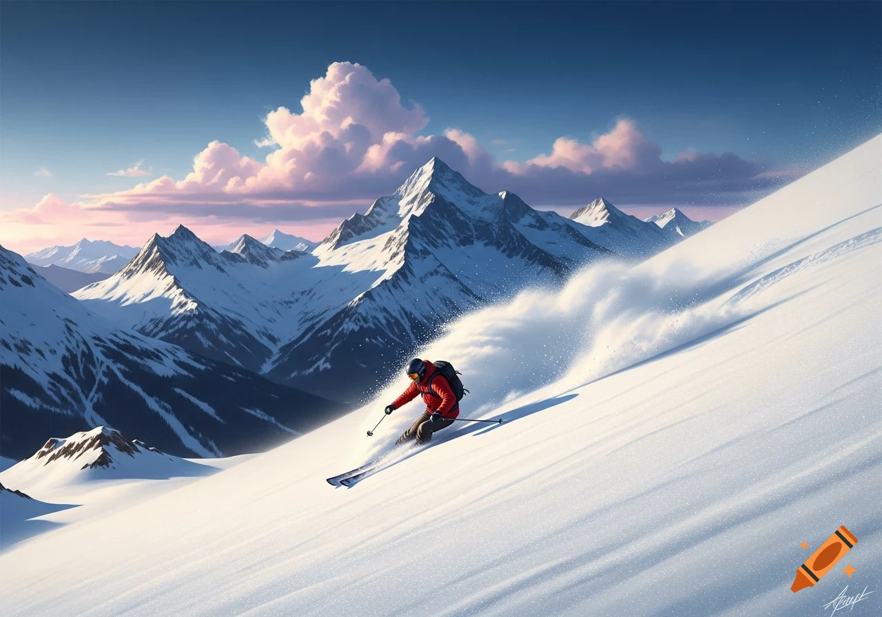 A skier in a red jacket carves down a snow-covered mountain, with majestic peaks under a beautiful sky.