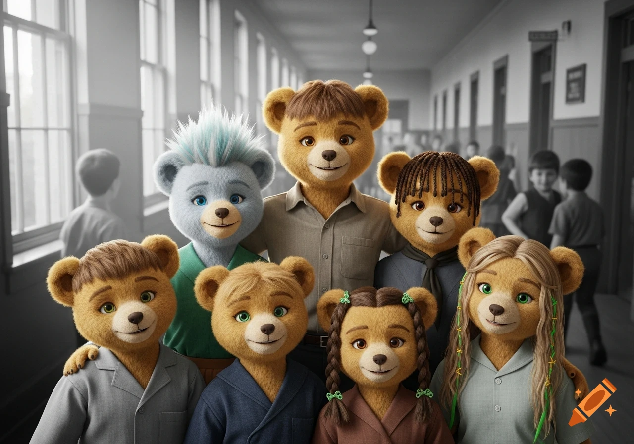 Six colorful anthropomorphic bears, some smiling, pose in a school hallway, with desaturated human students in the background.