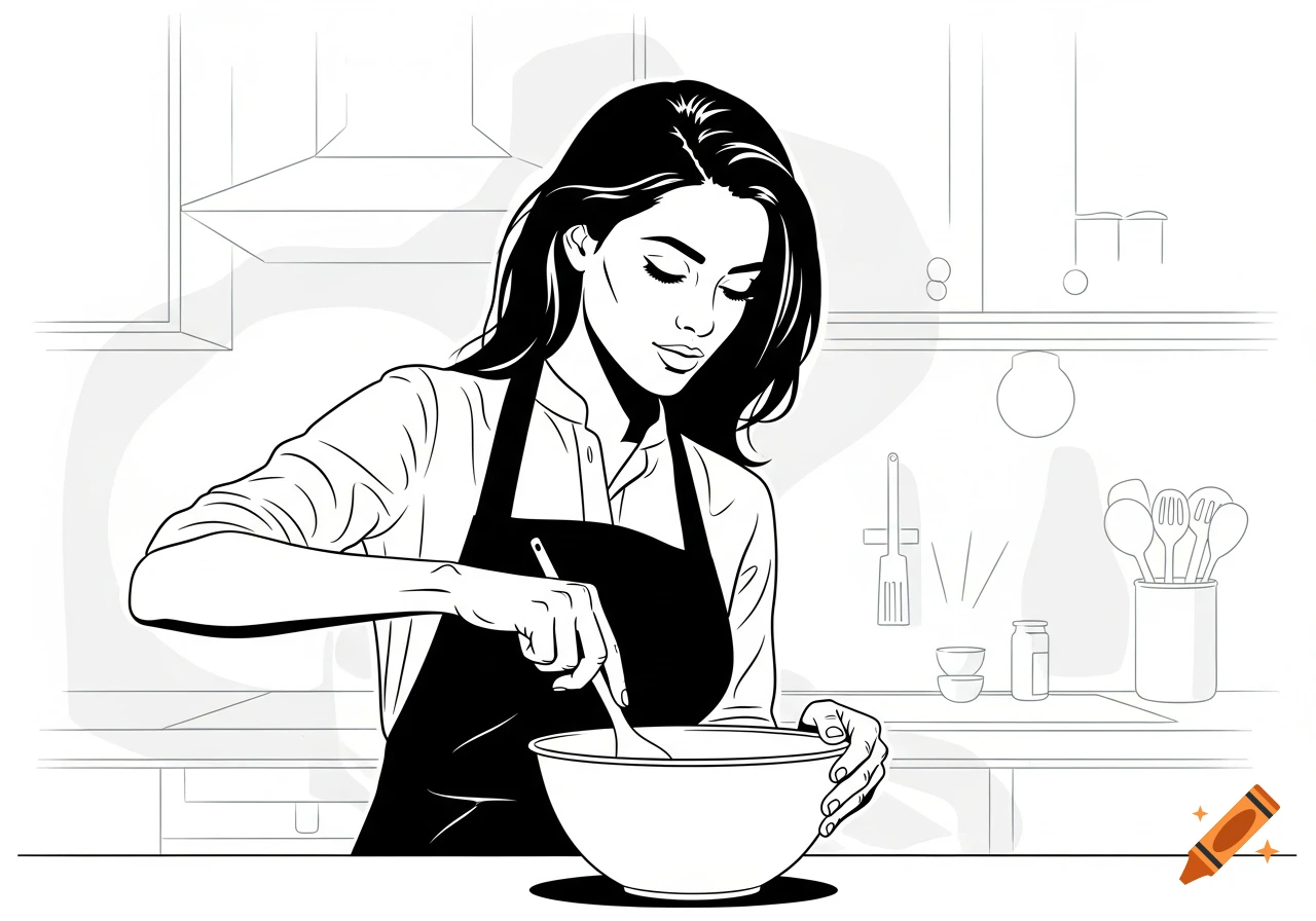 Black and white stencil illustration of a woman in an apron stirring a mixing bowl in a kitchen setting.