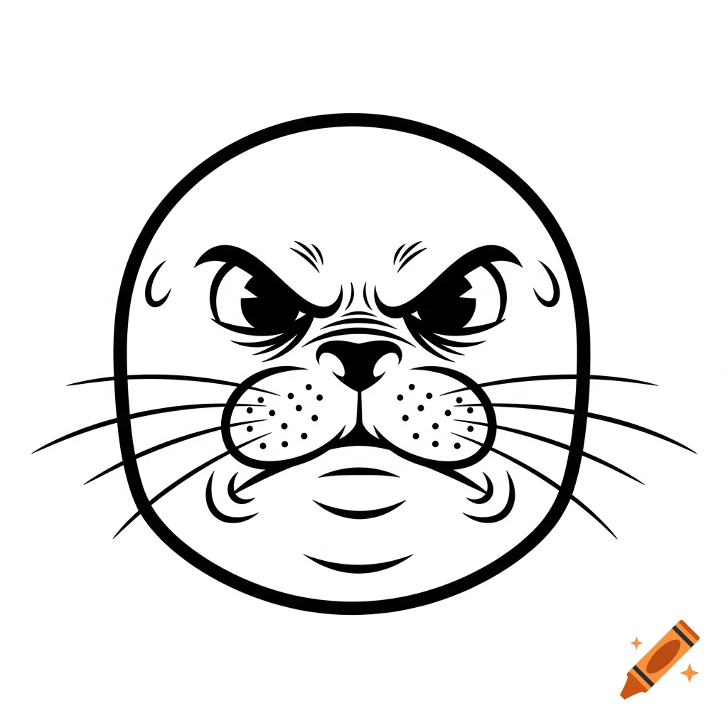 Angry cartoon seal head illustration in black and white.