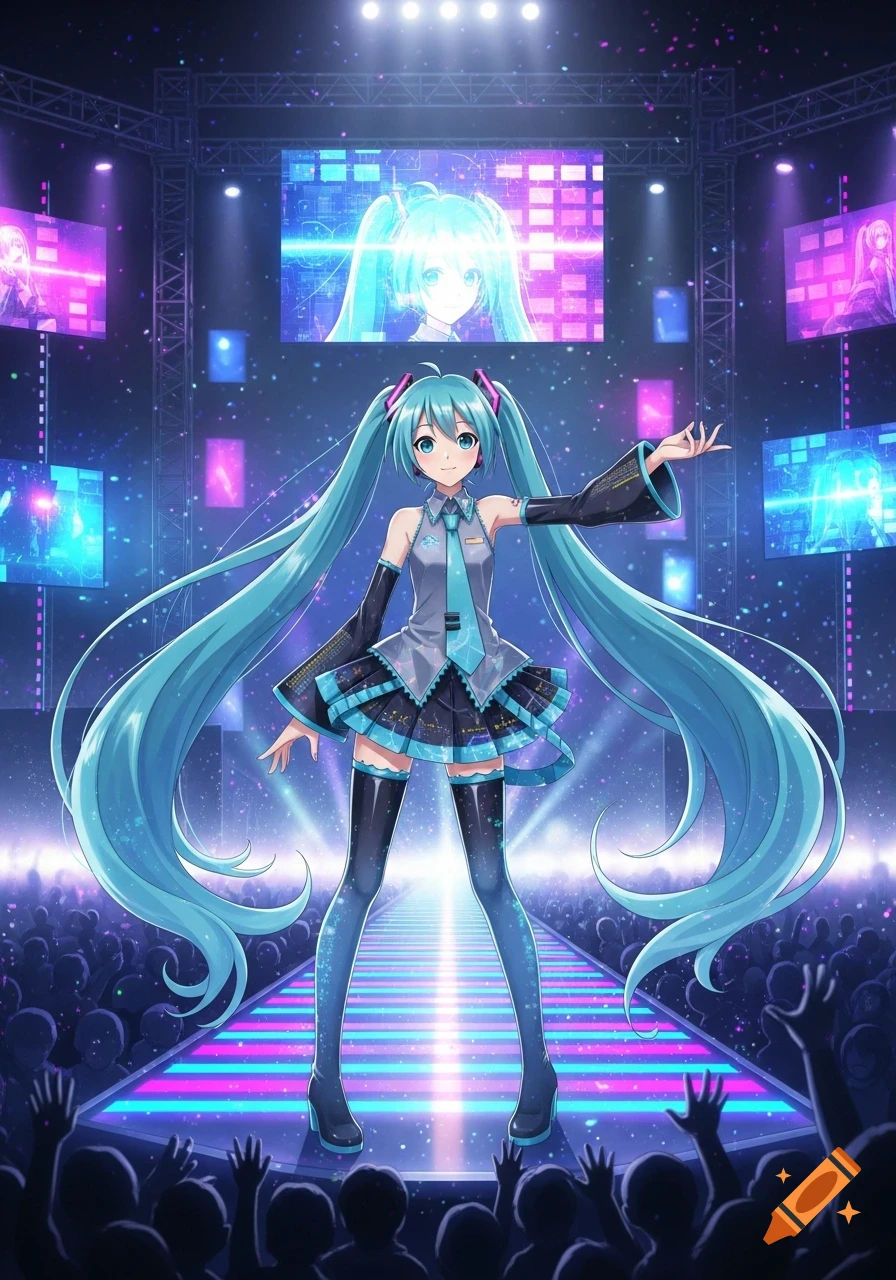 Hatsune Miku, a virtual idol with long blue twin-tails, stands on a neon-lit stage, performing for a large crowd in an anime style.