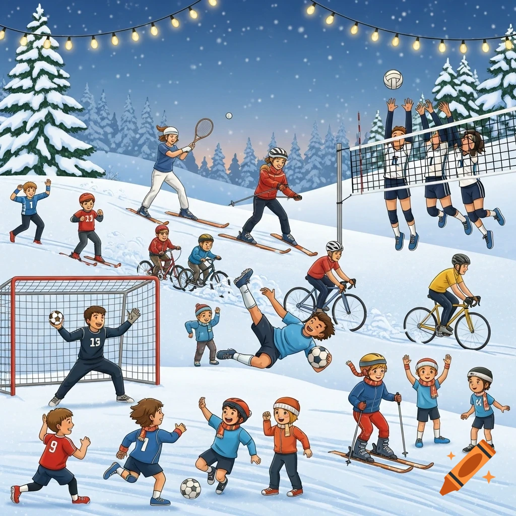 Cartoon of children and adults enjoying various winter sports like skiing, volleyball, soccer, tennis, and cycling, on a snowy hill under string lights.