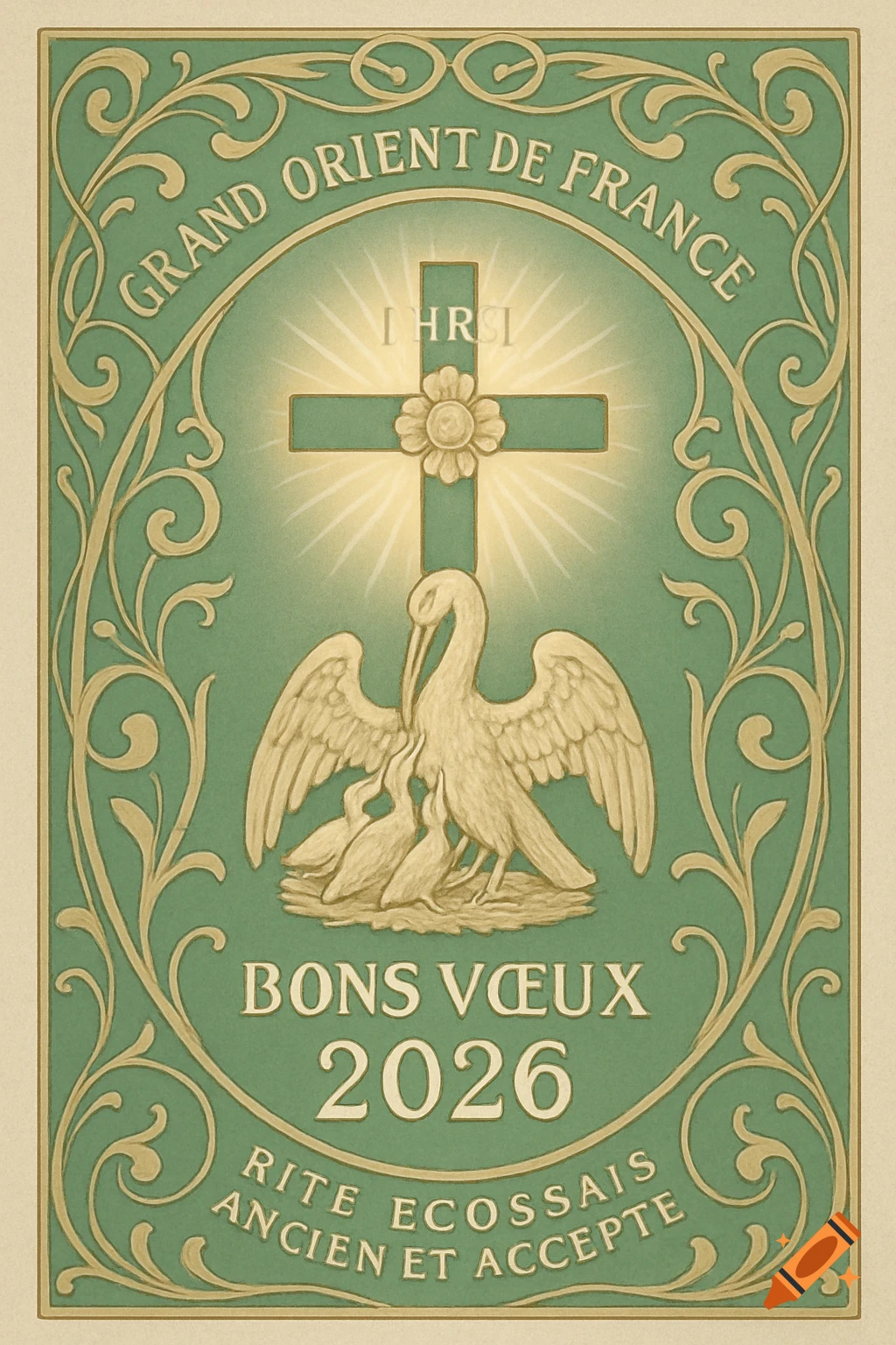 An Art Nouveau-style green and gold card with a cross, a rose, a pelican feeding its young, and text for Grand Orient de France and BONS VŒUX 2026.