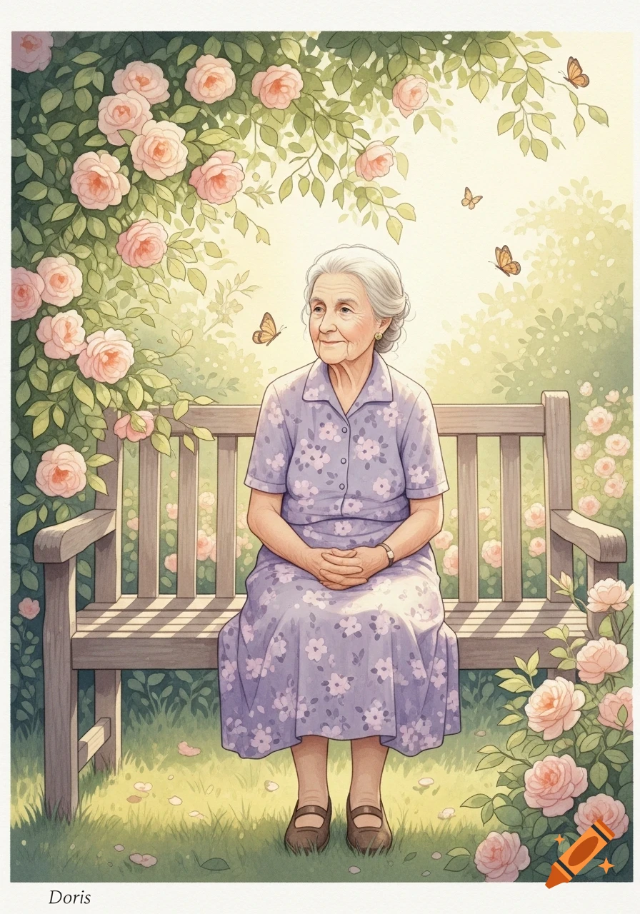 Watercolor illustration of an elderly woman sitting on a garden bench surrounded by pink roses and butterflies, with "Doris" text at the bottom.