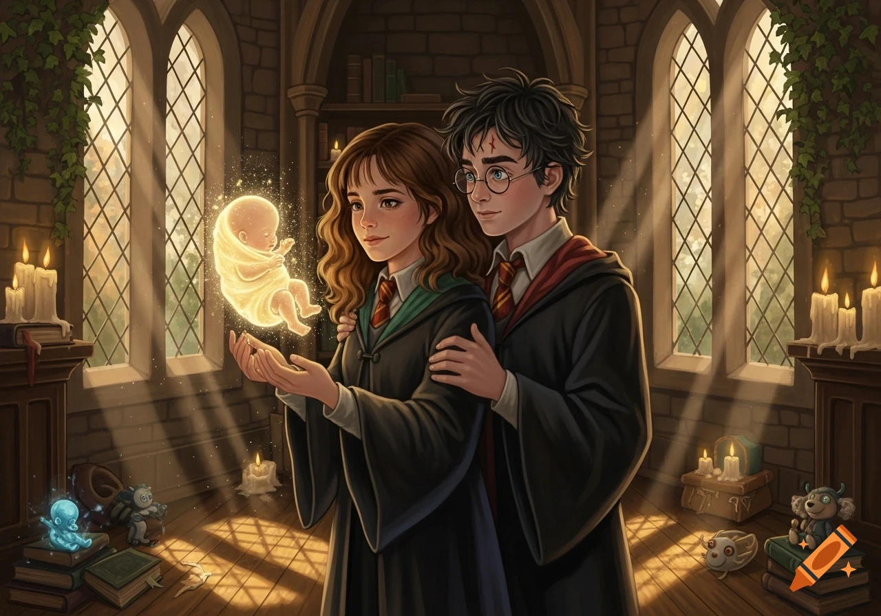 Hermione and Harry Potter in Hogwarts robes, Hermione cradling a glowing magical baby in a sunlit stone room.