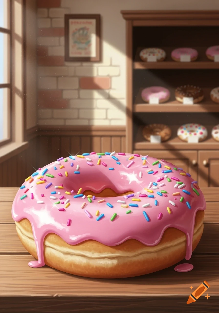 A large, glistening pink-frosted donut with colorful sprinkles sits on a wooden counter in a sunlit bakery.
