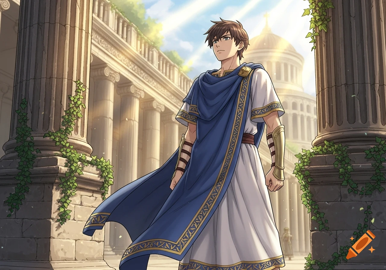 A young man in a white toga and blue cloak with gold trim stands among ancient Roman columns in a Fire Emblem art style.