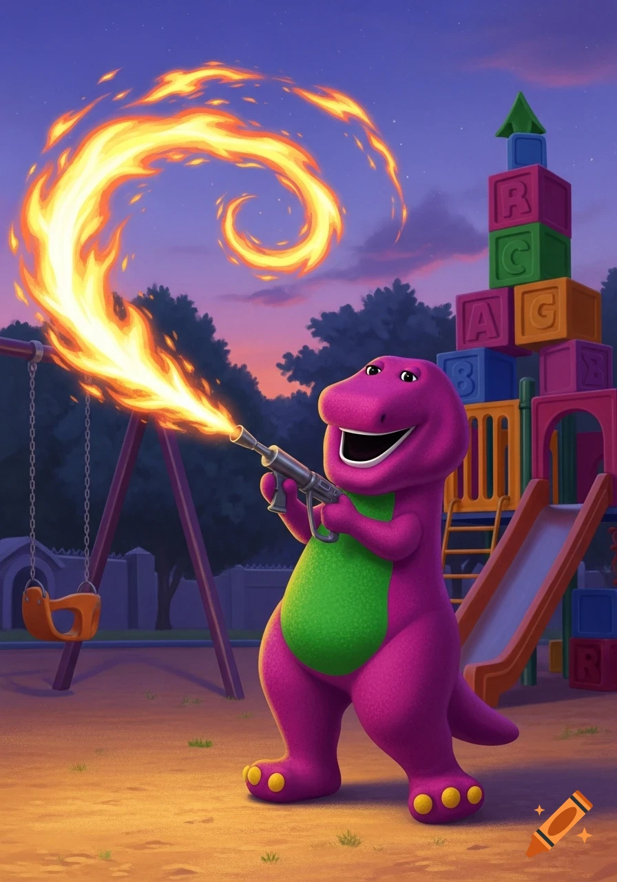 Purple dinosaur Barney shoots a spiral of fire from a flamethrower in a playground at dusk.