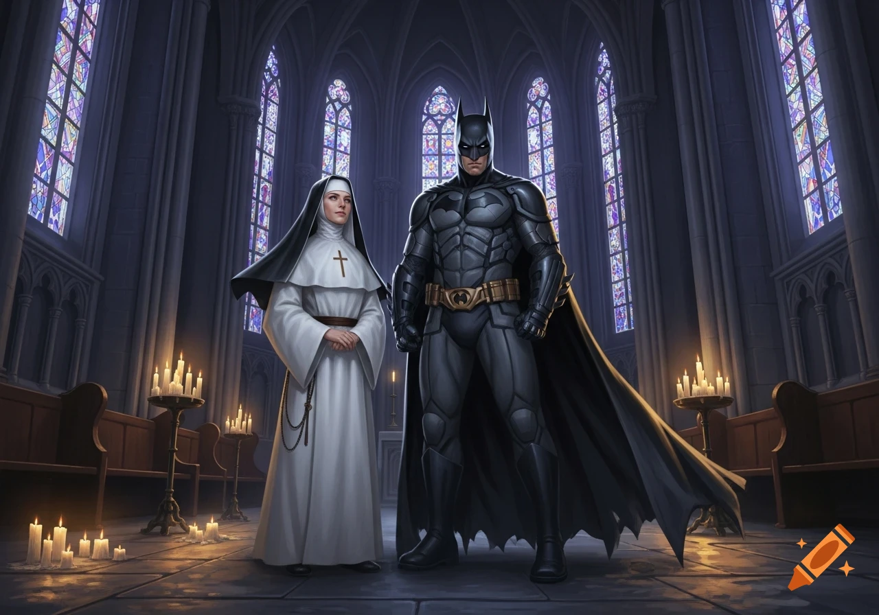 Batman and a nun stand in a dark, candlelit gothic church with vibrant stained glass windows.