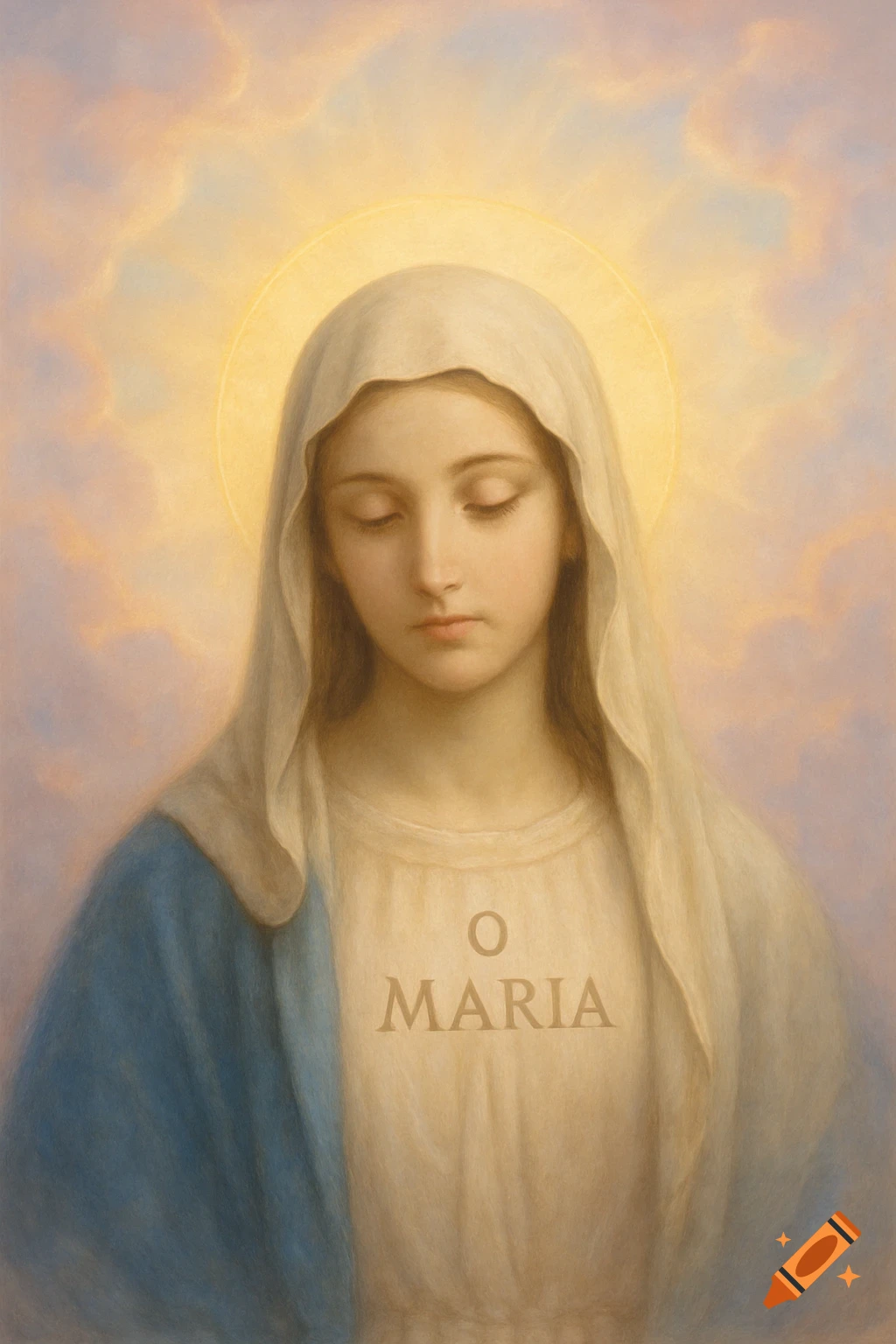 Painting of the Virgin Mary with a halo, looking down in contemplation against a soft, cloudy, heavenly sky.