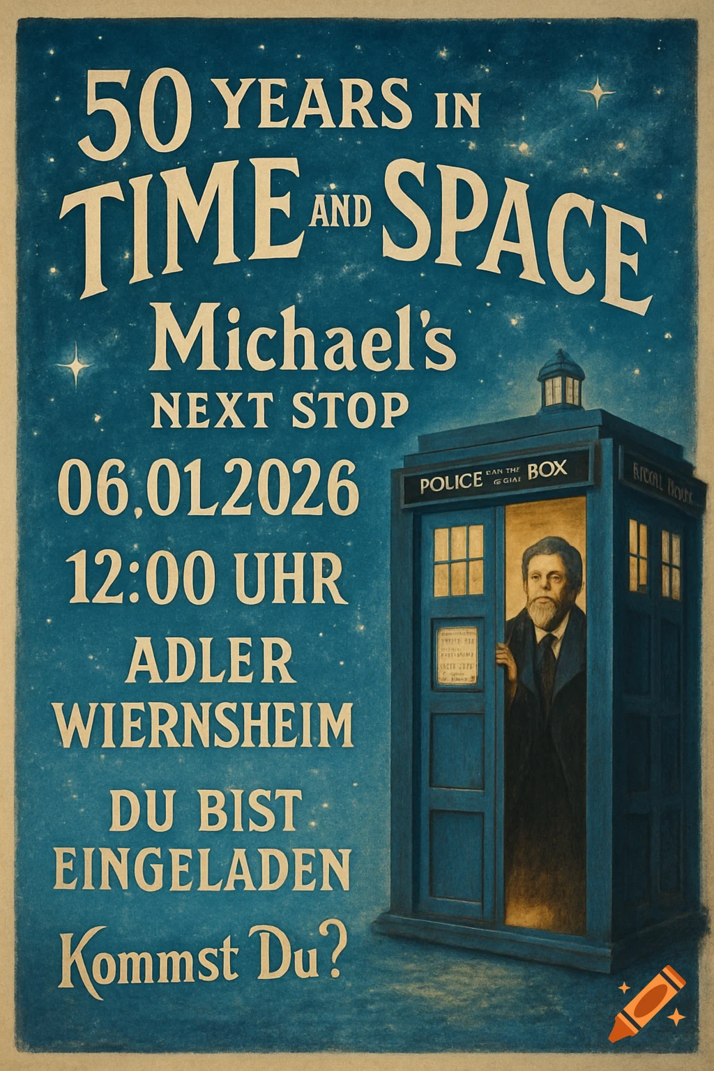 Vintage-style birthday invitation poster featuring a blue TARDIS with a bearded Doctor looking out, surrounded by stars and event details.