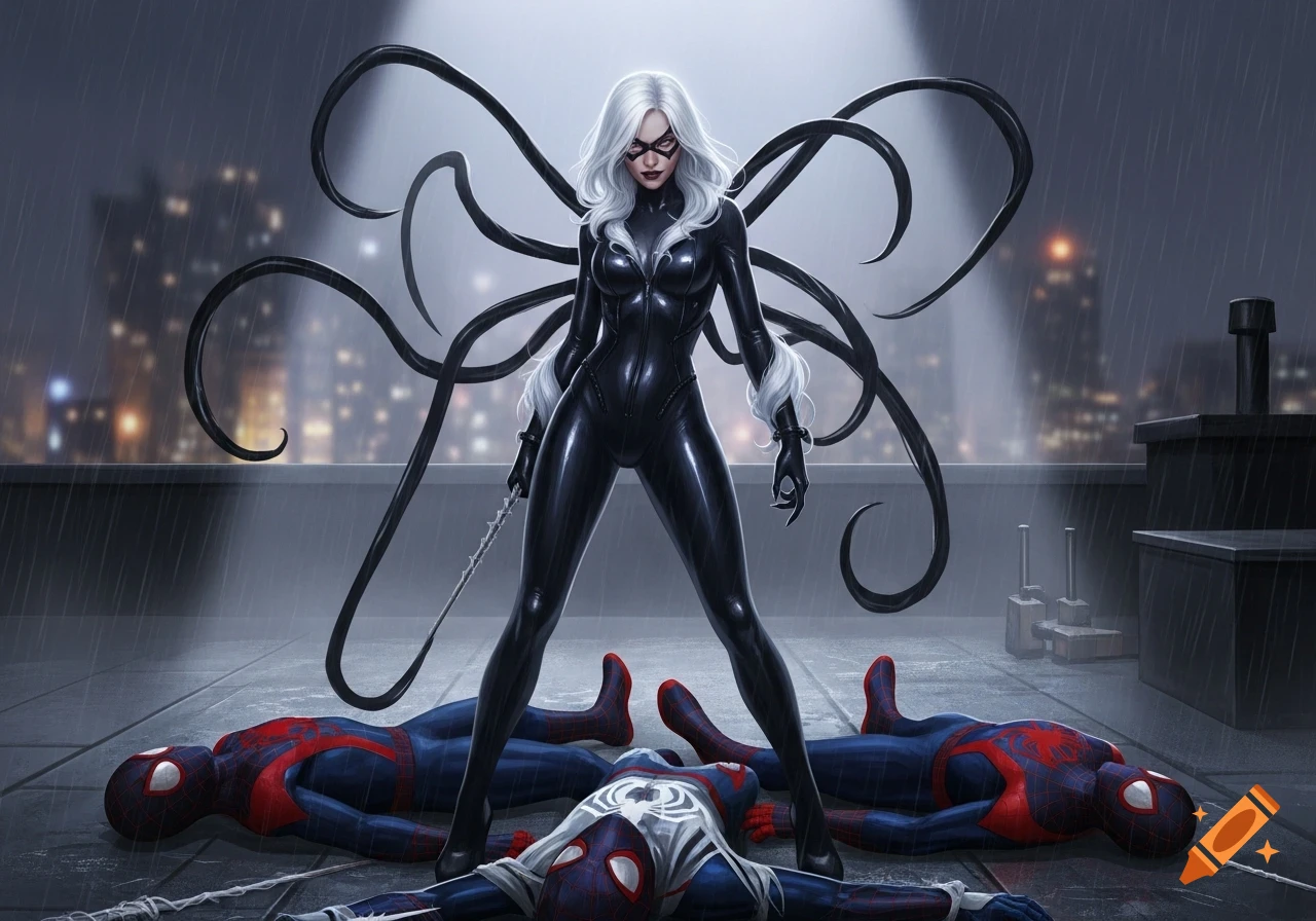 Black Cat with venom tendrils stands victoriously over defeated Spider-Man and Miles Morales on a rainy rooftop at night, comic art style.