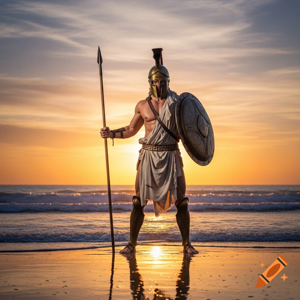 A muscular Greek warrior in bronze armor and a tunic stands on a wet beach at sunset, holding a spear and shield.