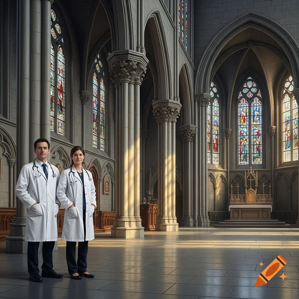 Two doctors in white coats stand inside a large, realistic Gothic church with stained glass windows and stone pillars.