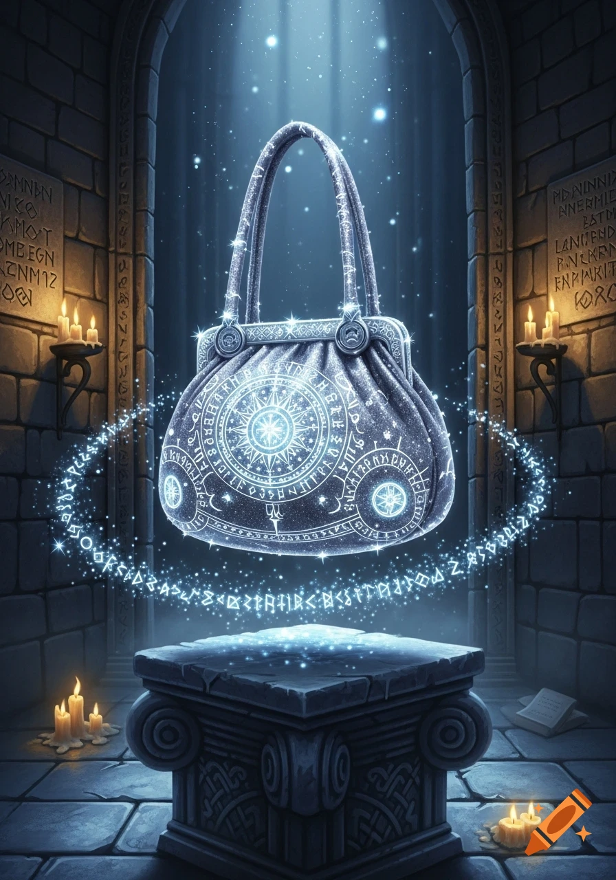A glowing, ornate, magical purse floats above a stone pedestal in a dark, ancient chamber with runic walls and candlelight.