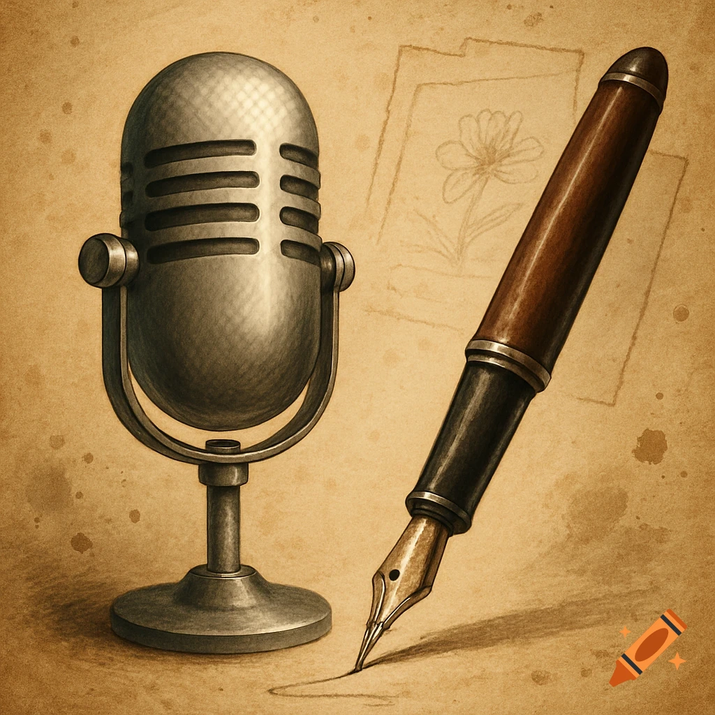 A vintage-style microphone and a fountain pen writing on distressed paper with a faint flower sketch.